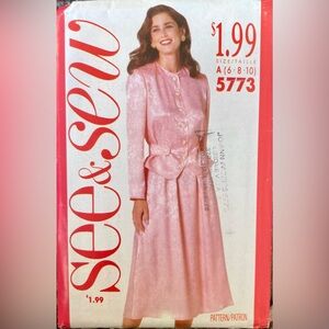 Butterick See & Sew 5773 Top w Button Belt, Shaped Hem & Flared Skirt Sz 6-8-10